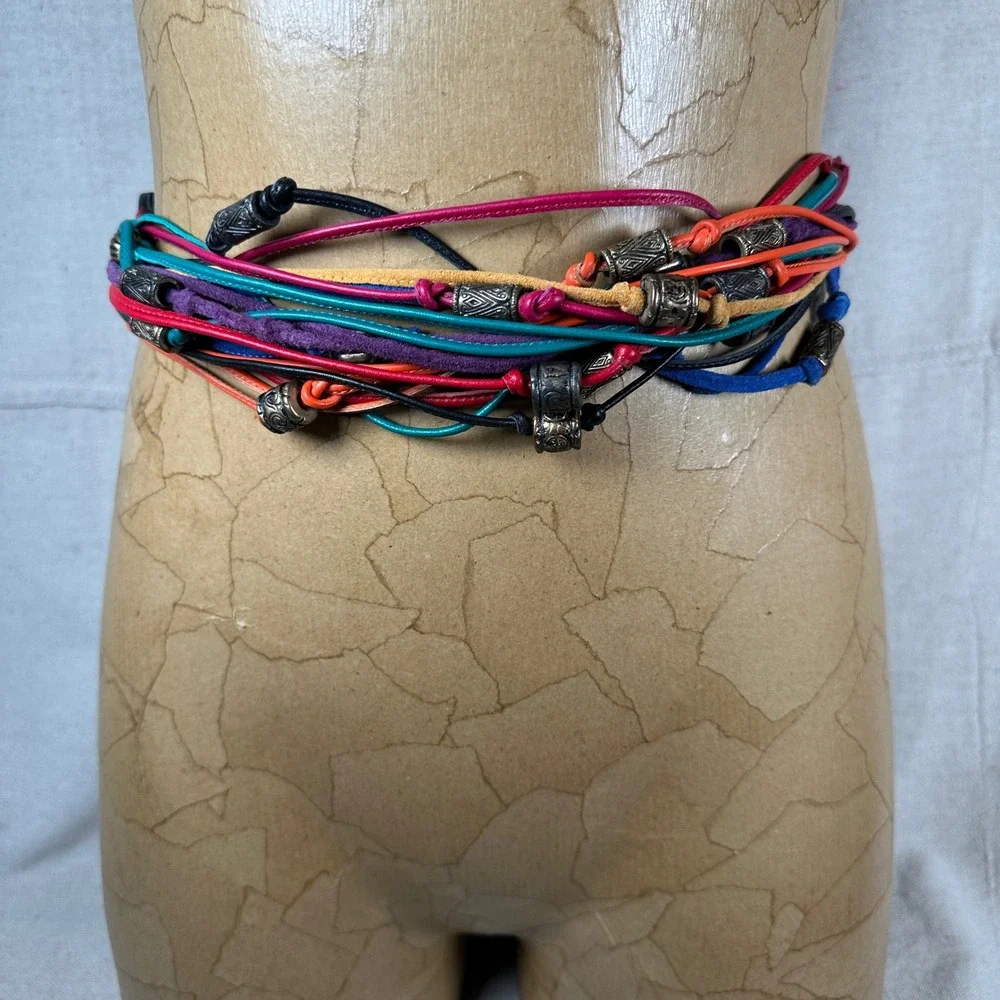 80s‎ vintage statement Multi Leather Cord Bead Belt Black Multi Rainbow Boho